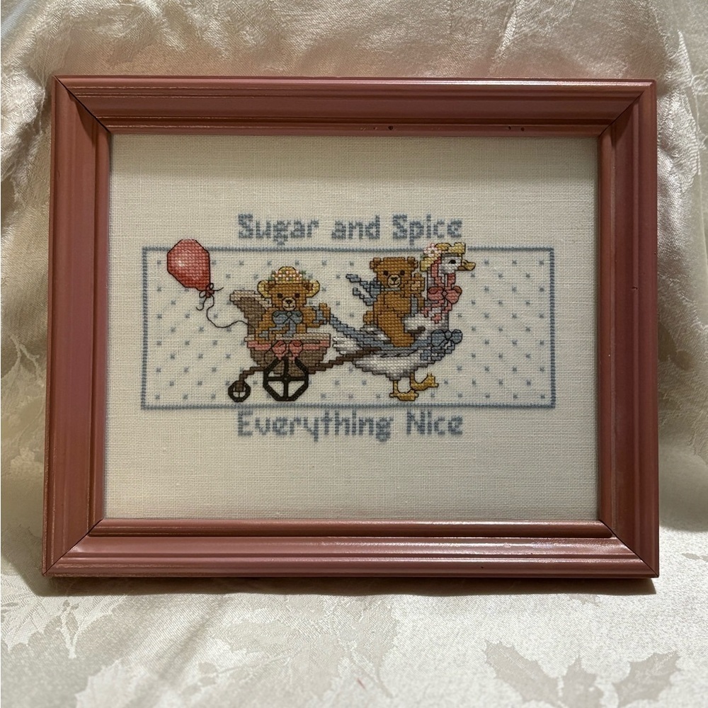 Vintage Charming Pink Framed Fiber Art